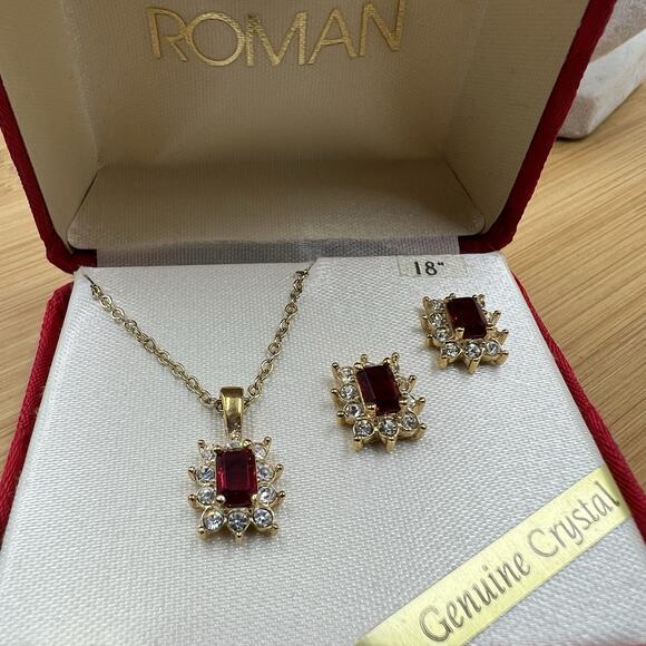 Roman Gold Tone Red Clear Rhinestone Necklace and Earrings Set Dainty Elegant - Picture 2 of 6